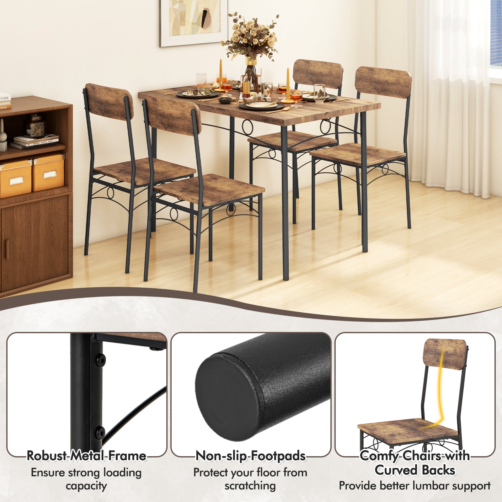 5-Piece Industrial Dining Table Set for 4 for Small Place Apartment, Brown Dining Room Sets at Gallery Canada