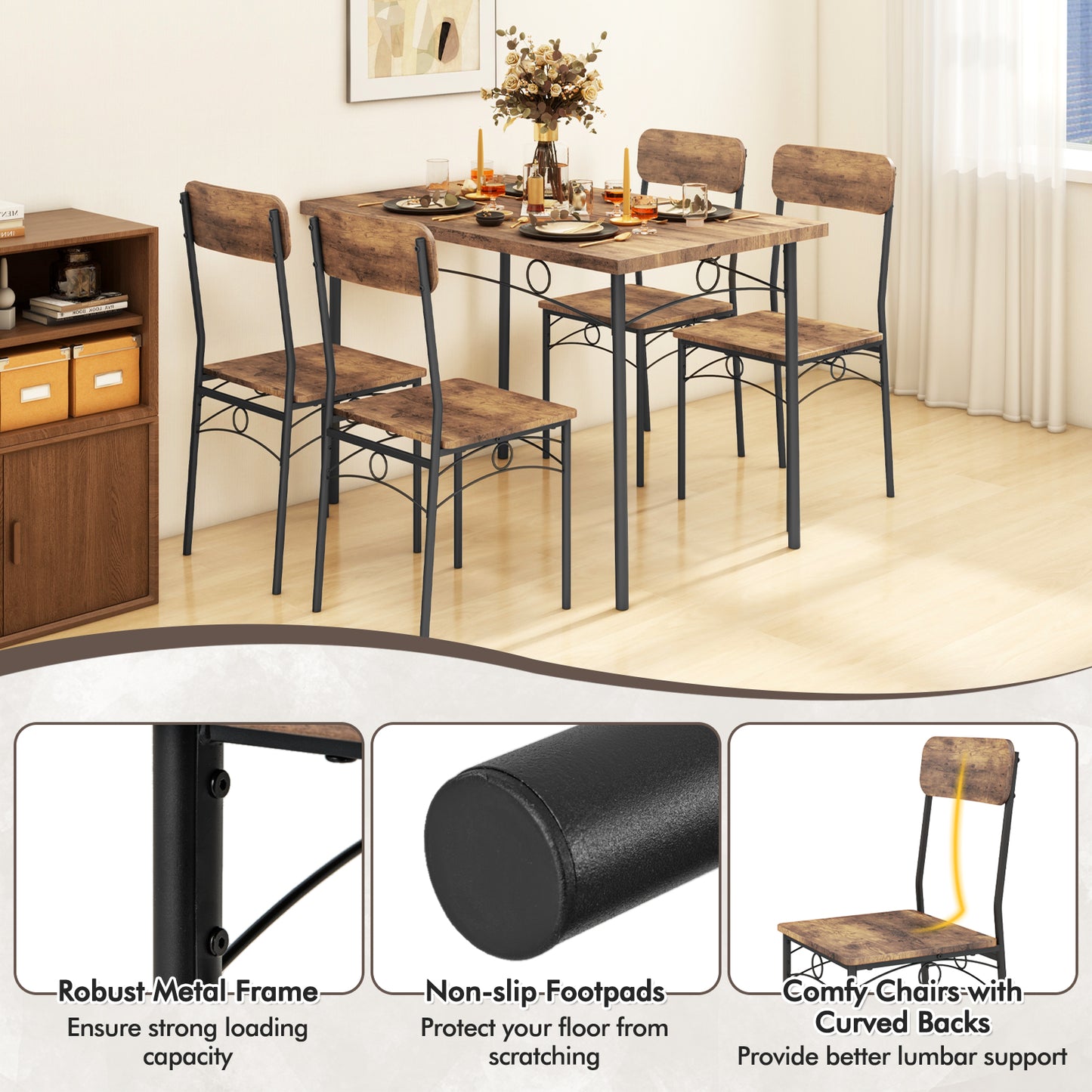 5-Piece Industrial Dining Table Set for 4 for Small Place Apartment, Brown Dining Room Sets at Gallery Canada