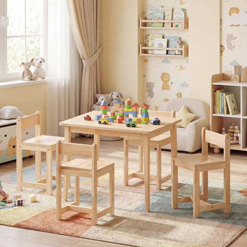 5-Piece Kids Table And Chairs Set, Solid Rubber Wood, Natural