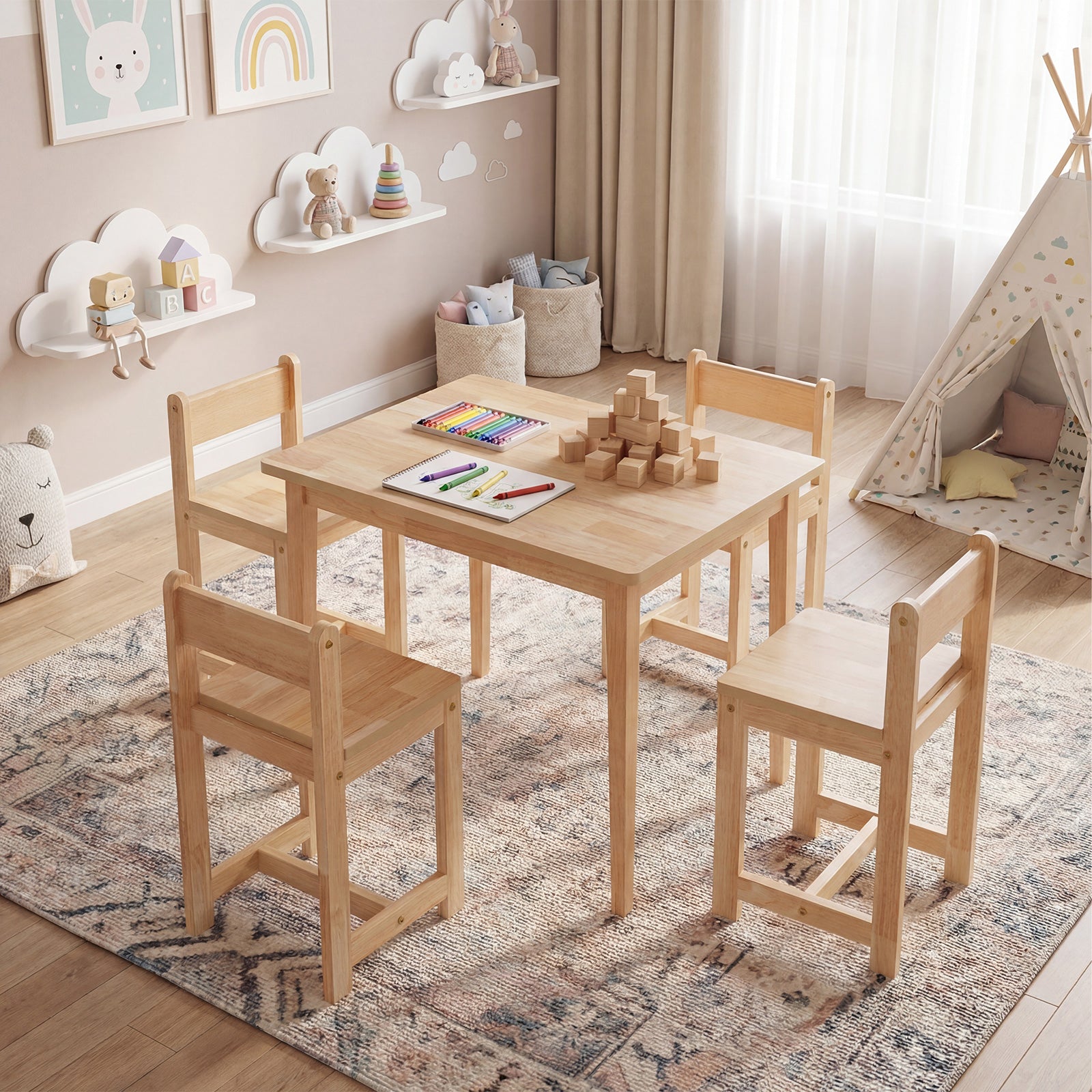 5-Piece Kids Table And Chairs Set, Solid Rubber Wood, Natural Kids Table & Chair Sets at Gallery Canada