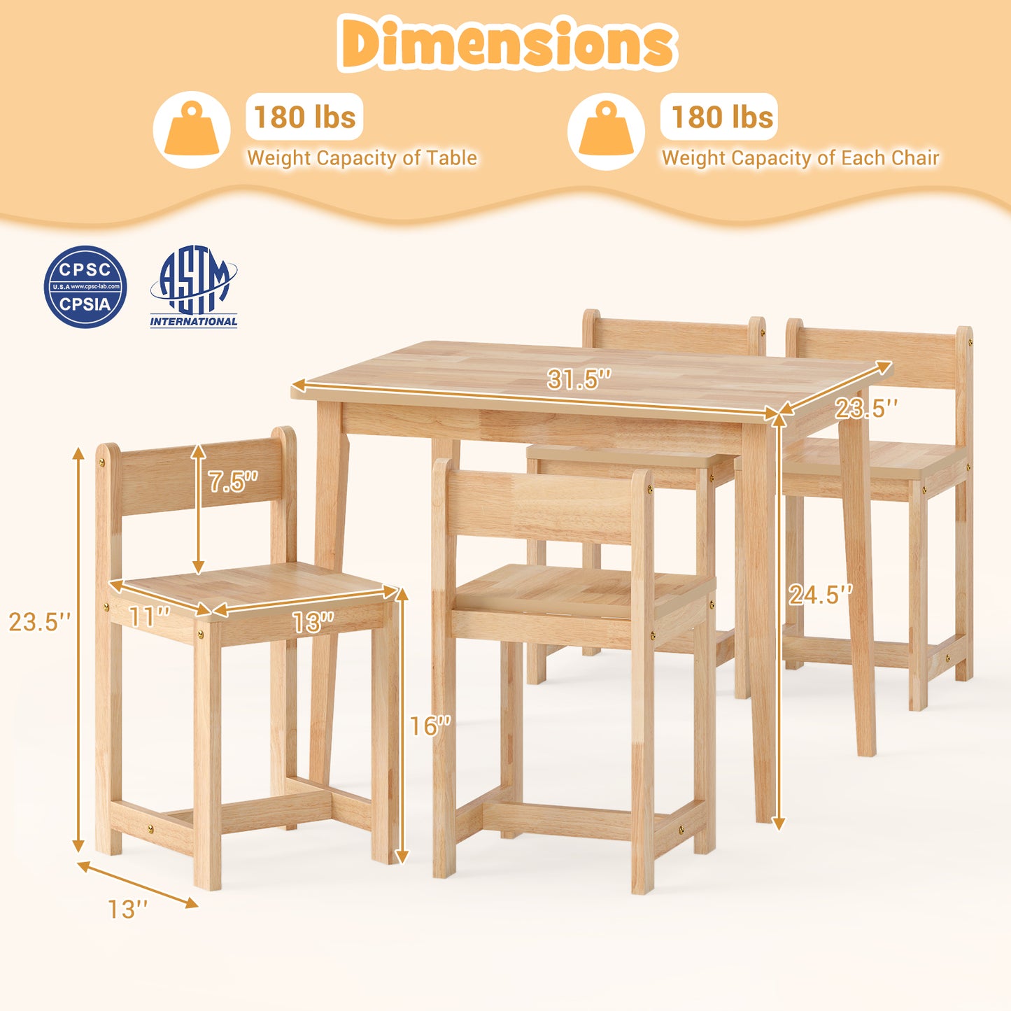 5-Piece Kids Table And Chairs Set, Solid Rubber Wood, Natural Kids Table & Chair Sets at Gallery Canada