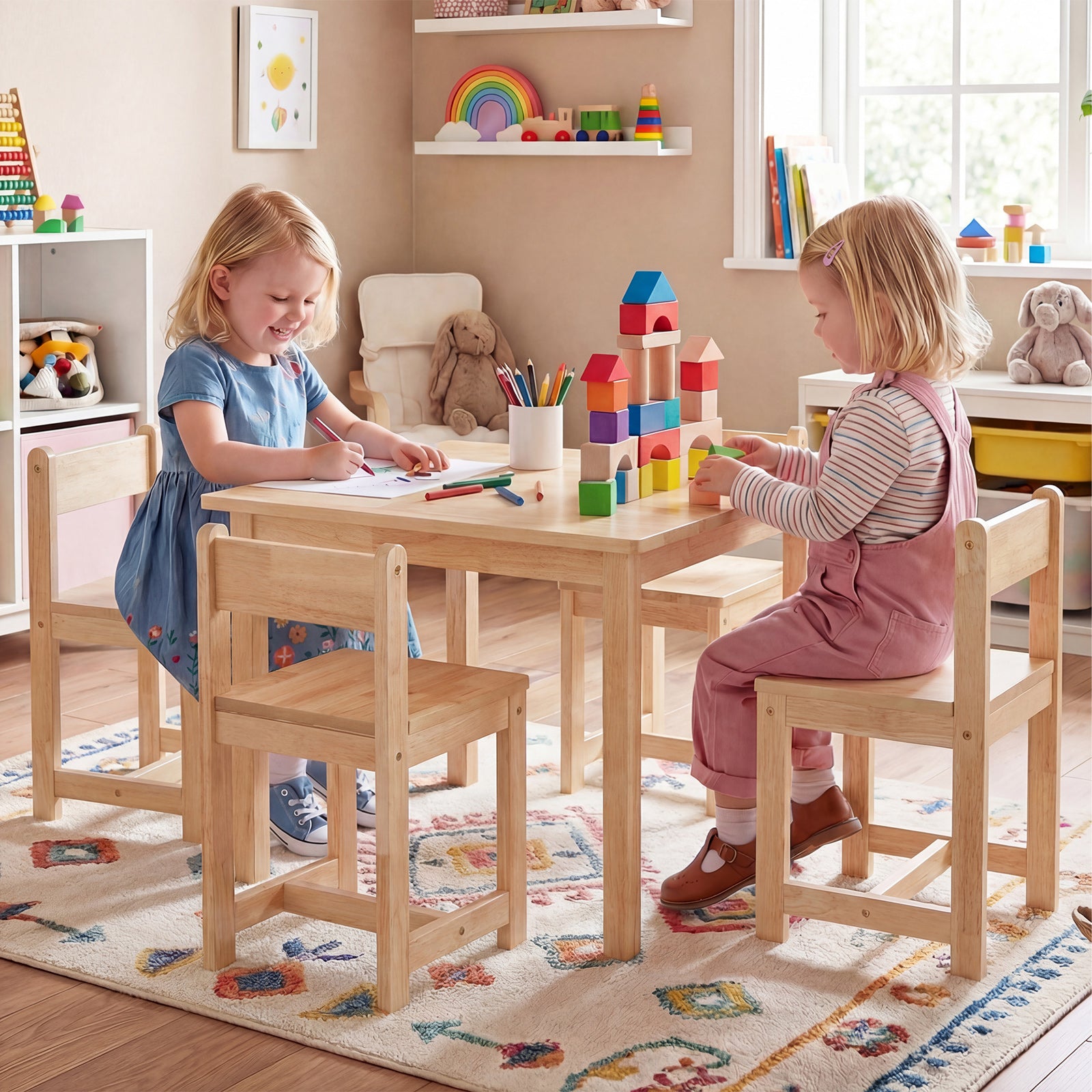 5-Piece Kids Table And Chairs Set, Solid Rubber Wood, Natural Kids Table & Chair Sets at Gallery Canada