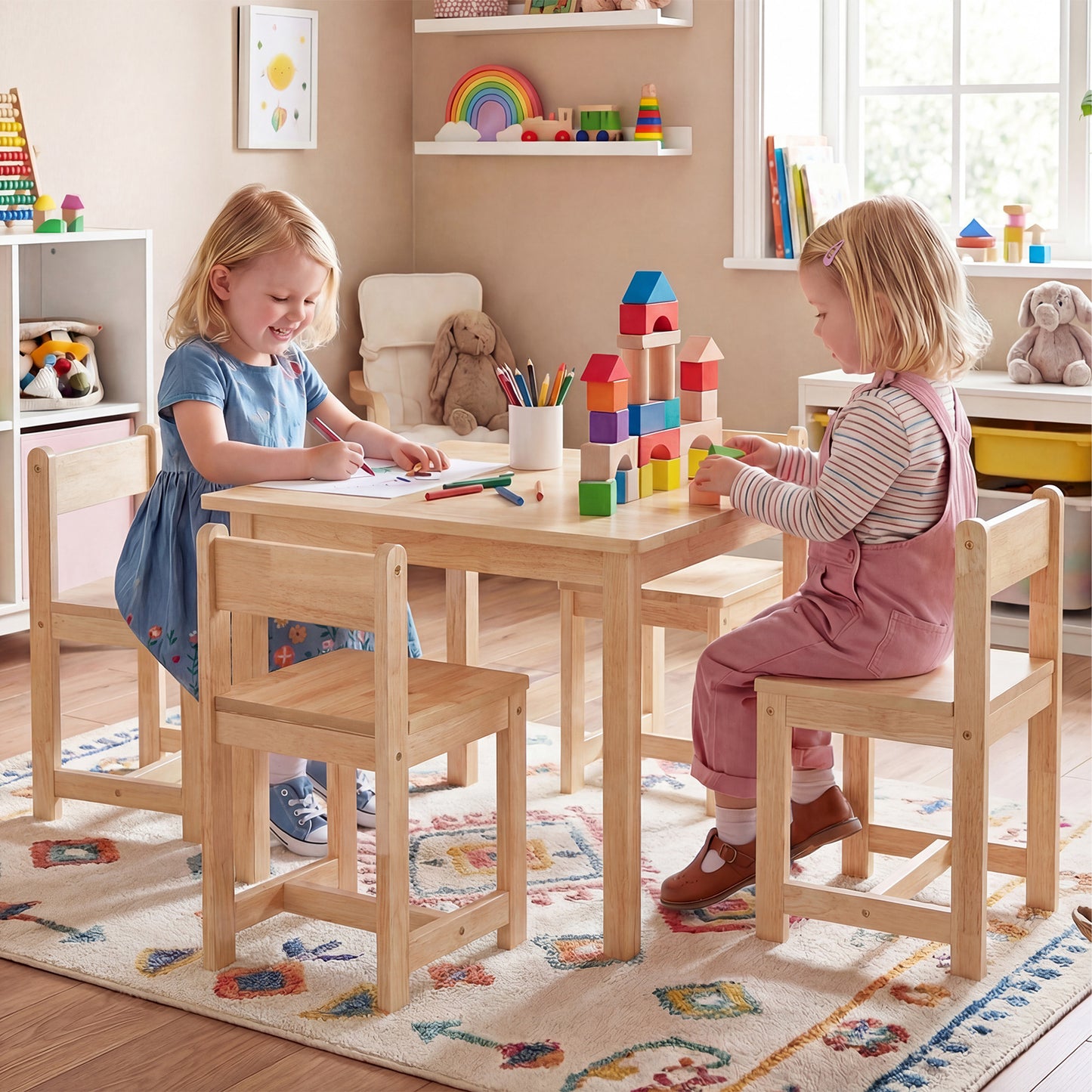 5-Piece Kids Table And Chairs Set, Solid Rubber Wood, Natural Kids Table & Chair Sets at Gallery Canada