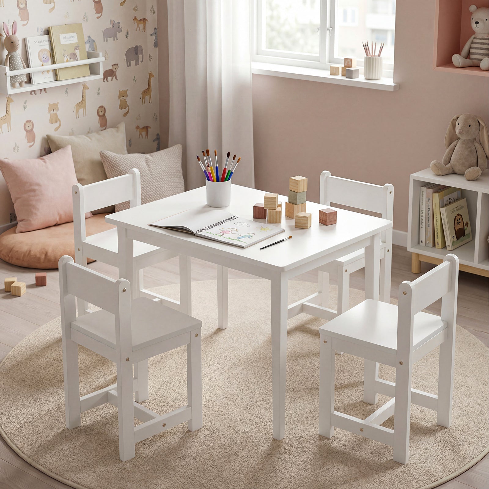 Kids Table And Chairs Set, 5-Piece, Solid Rubber Wood, White Kids Table & Chair Sets at Gallery Canada