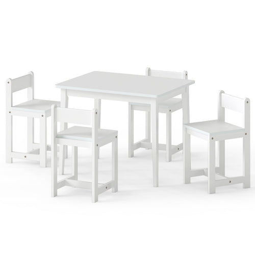 Kids Table And Chairs Set, 5-Piece, Solid Rubber Wood, White