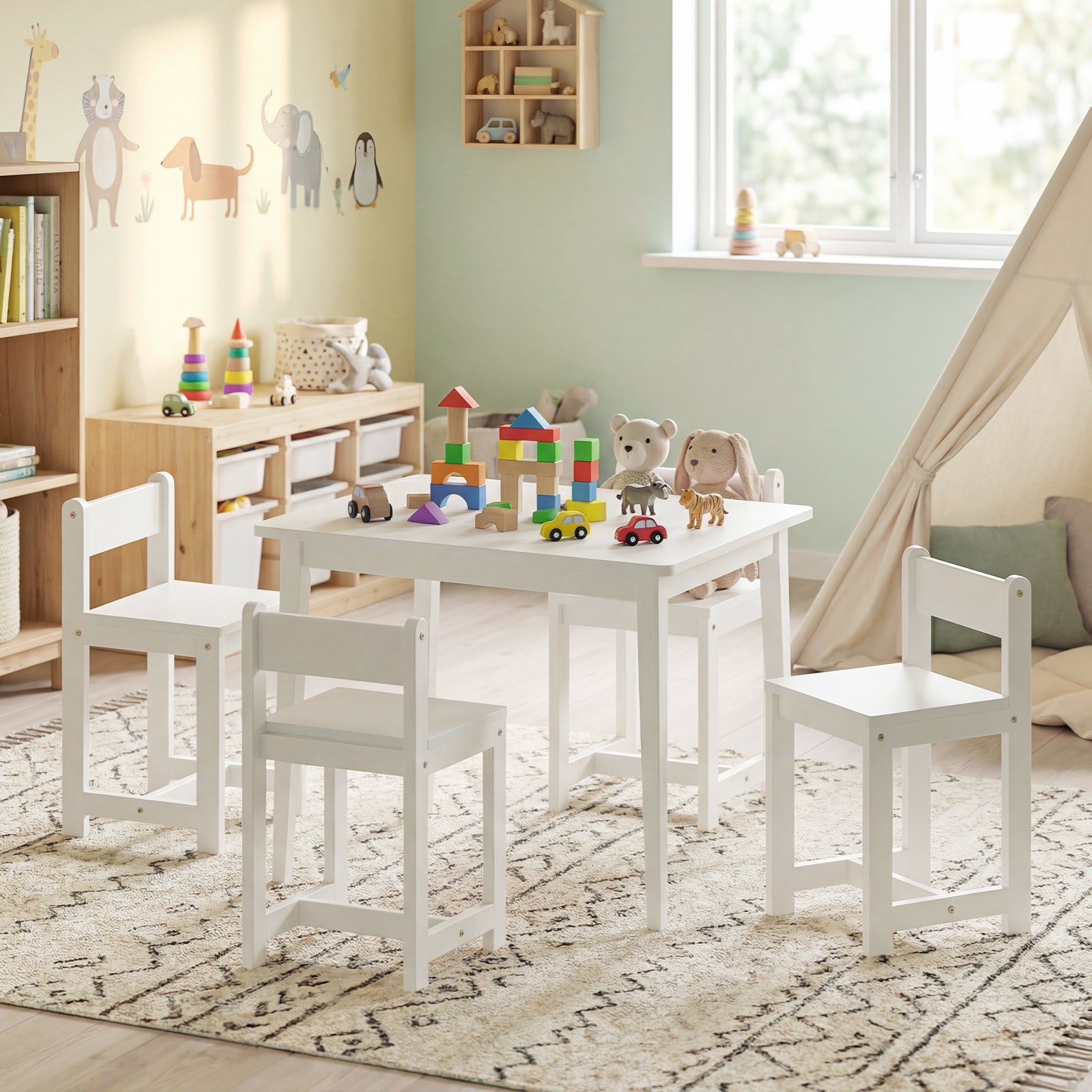 Kids Table And Chairs Set, 5-Piece, Solid Rubber Wood, White Kids Table & Chair Sets at Gallery Canada