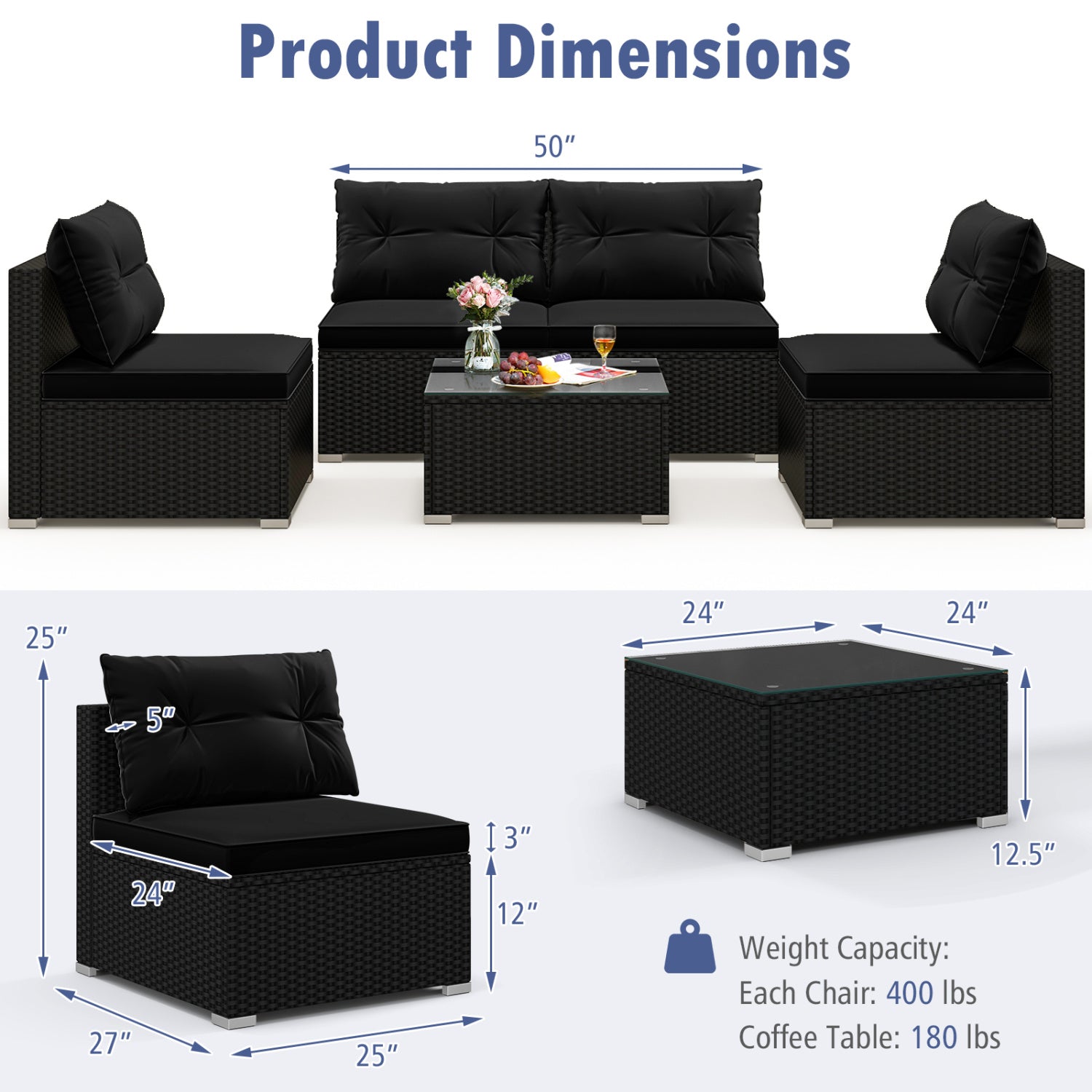 5-Piece Outdoor Patio Furniture Set With Cushions, Coffee Table, Black Patio Conversation Sets at Gallery Canada