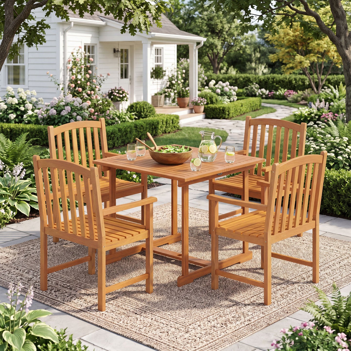 5-Piece Outdoor Square Patio Dining Set for 4 with Acacia Table & Armchairs, Natural