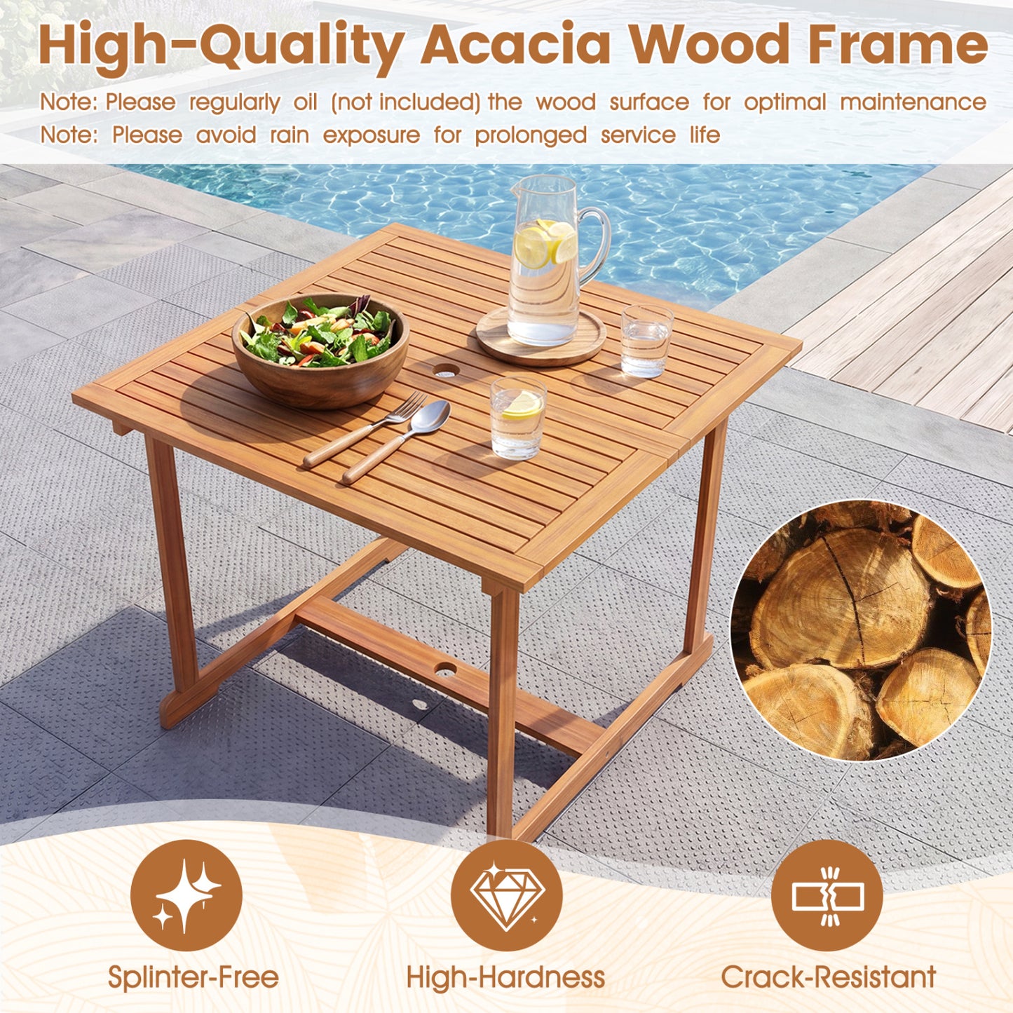 5-Piece Outdoor Square Patio Dining Set for 4 with Acacia Table & Armchairs, Natural