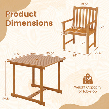 5-Piece Outdoor Square Patio Dining Set for 4 with Acacia Table & Armchairs, Natural