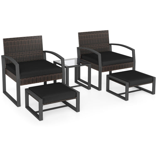 5-Piece Patio Set With 2 Ottomans, Tempered Glass Table, Black