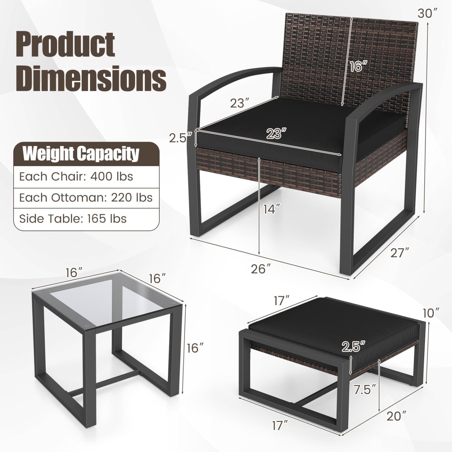 5-Piece Patio Set With 2 Ottomans, Tempered Glass Table, Black Patio Conversation Sets at Gallery Canada