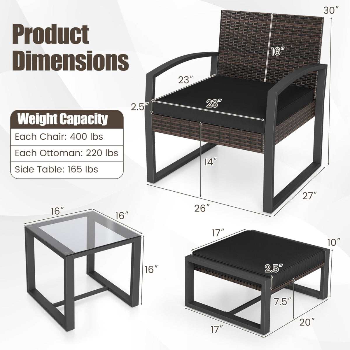 5-Piece Patio Set With 2 Ottomans, Tempered Glass Table, Black Patio Conversation Sets at Gallery Canada