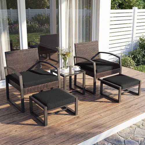 5-Piece Patio Set With 2 Ottomans, Tempered Glass Table, Black