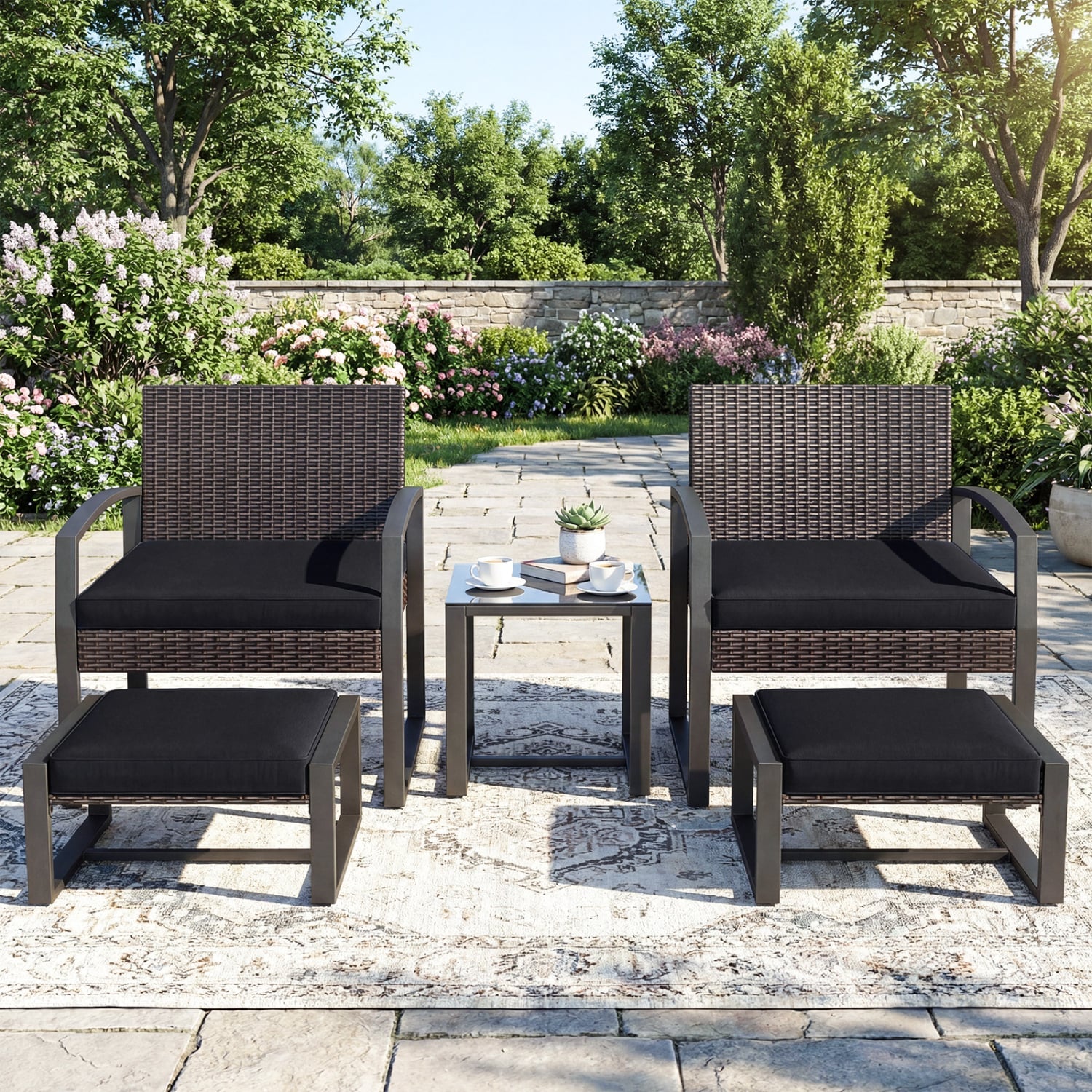 5-Piece Patio Set With 2 Ottomans, Tempered Glass Table, Black Patio Conversation Sets at Gallery Canada