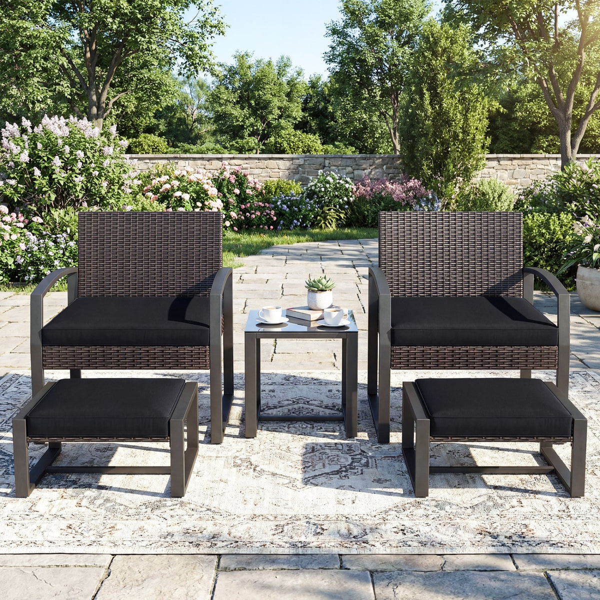 5-Piece Patio Set With 2 Ottomans, Tempered Glass Table, Black Patio Conversation Sets at Gallery Canada
