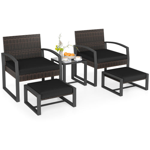 5-Piece Patio Set With 2 Ottomans, Tempered Glass Table, Black