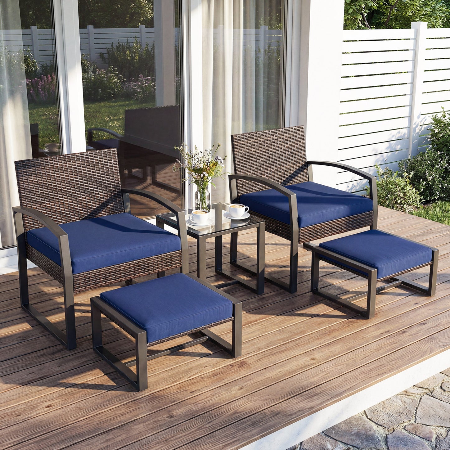 5-Piece Patio Conversation Set, 2 Ottomans, Tempered Glass Side Table, Navy Patio Conversation Sets at Gallery Canada