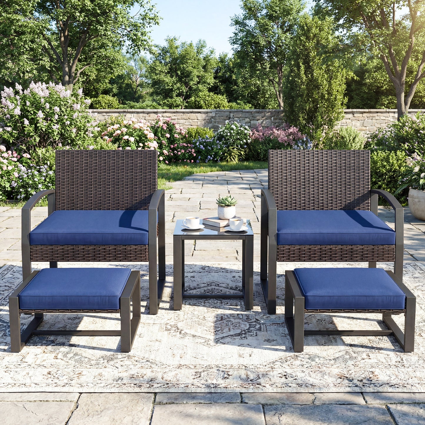 5-Piece Patio Conversation Set, 2 Ottomans, Tempered Glass Side Table, Navy Patio Conversation Sets at Gallery Canada