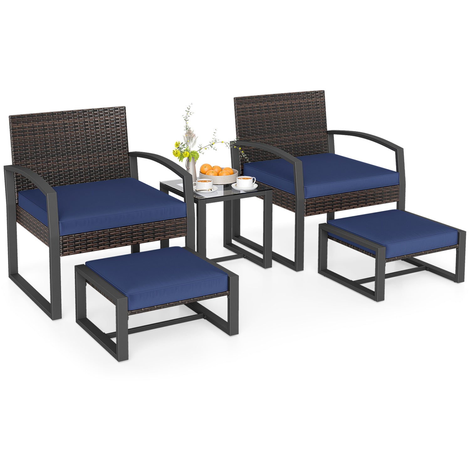 5-Piece Patio Conversation Set, 2 Ottomans, Tempered Glass Side Table, Navy Patio Conversation Sets Navy at Gallery Canada