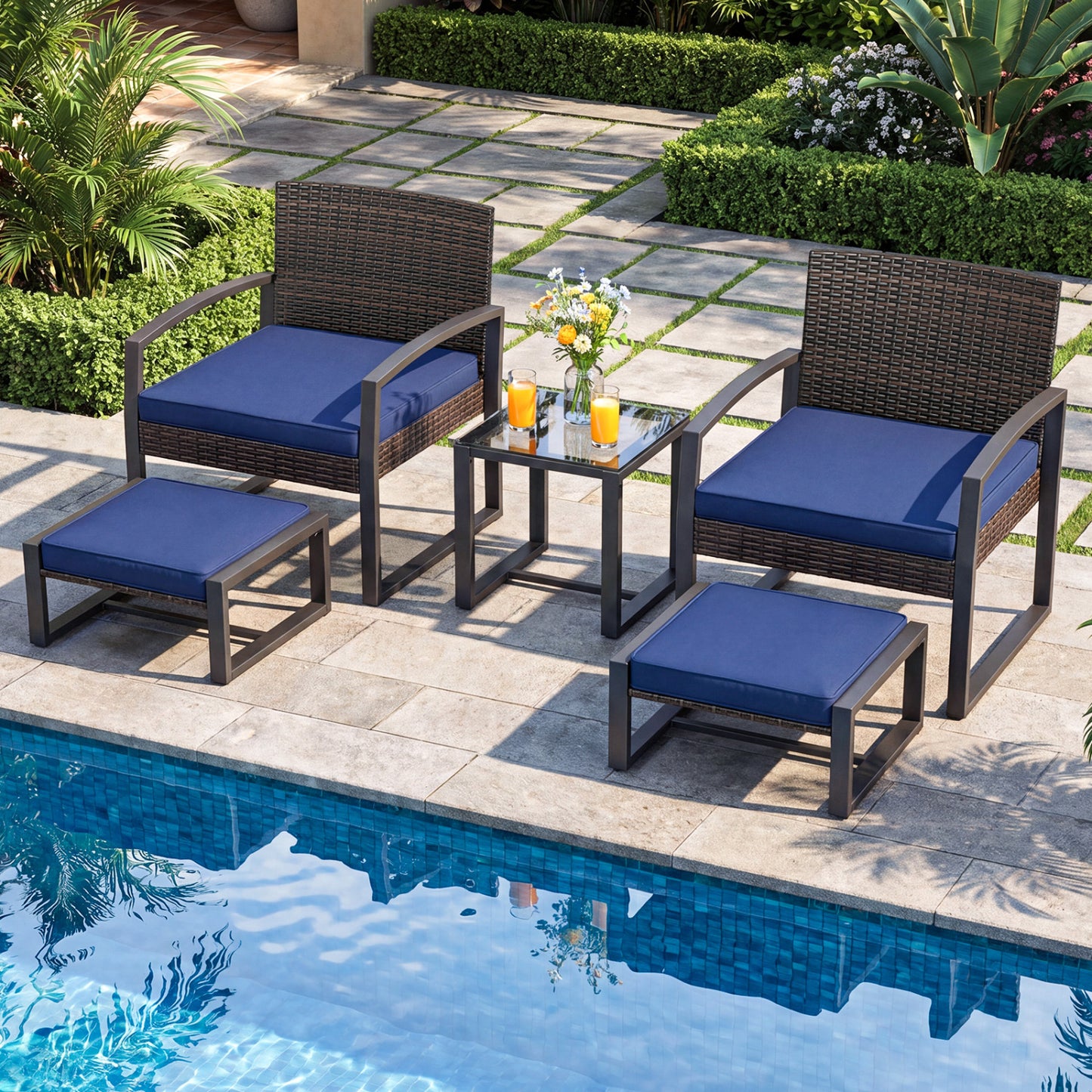 5-Piece Patio Conversation Set, 2 Ottomans, Tempered Glass Side Table, Navy Patio Conversation Sets at Gallery Canada