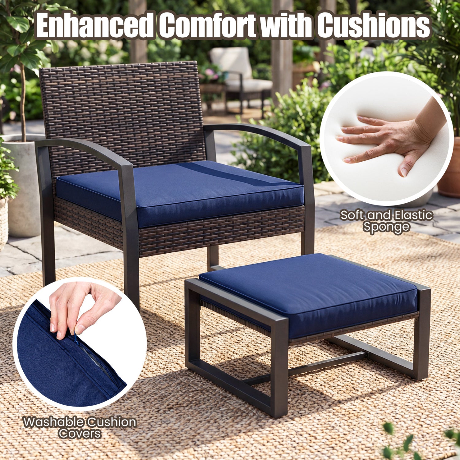 5-Piece Patio Conversation Set, 2 Ottomans, Tempered Glass Side Table, Navy Patio Conversation Sets at Gallery Canada