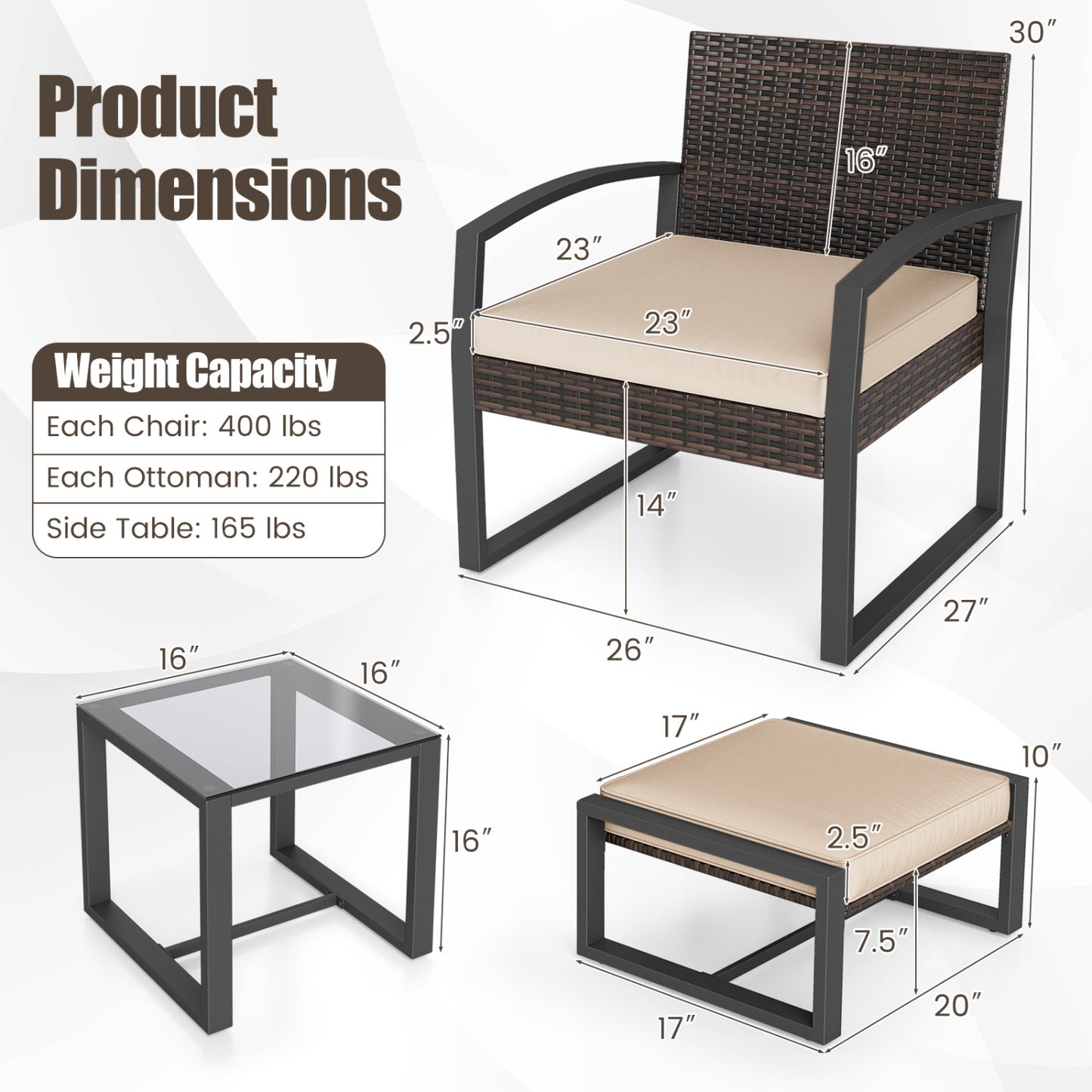 5-Piece Patio Conversation Set, 2 Ottomans, Tempered Glass Side Table, Beige Patio Conversation Sets at Gallery Canada