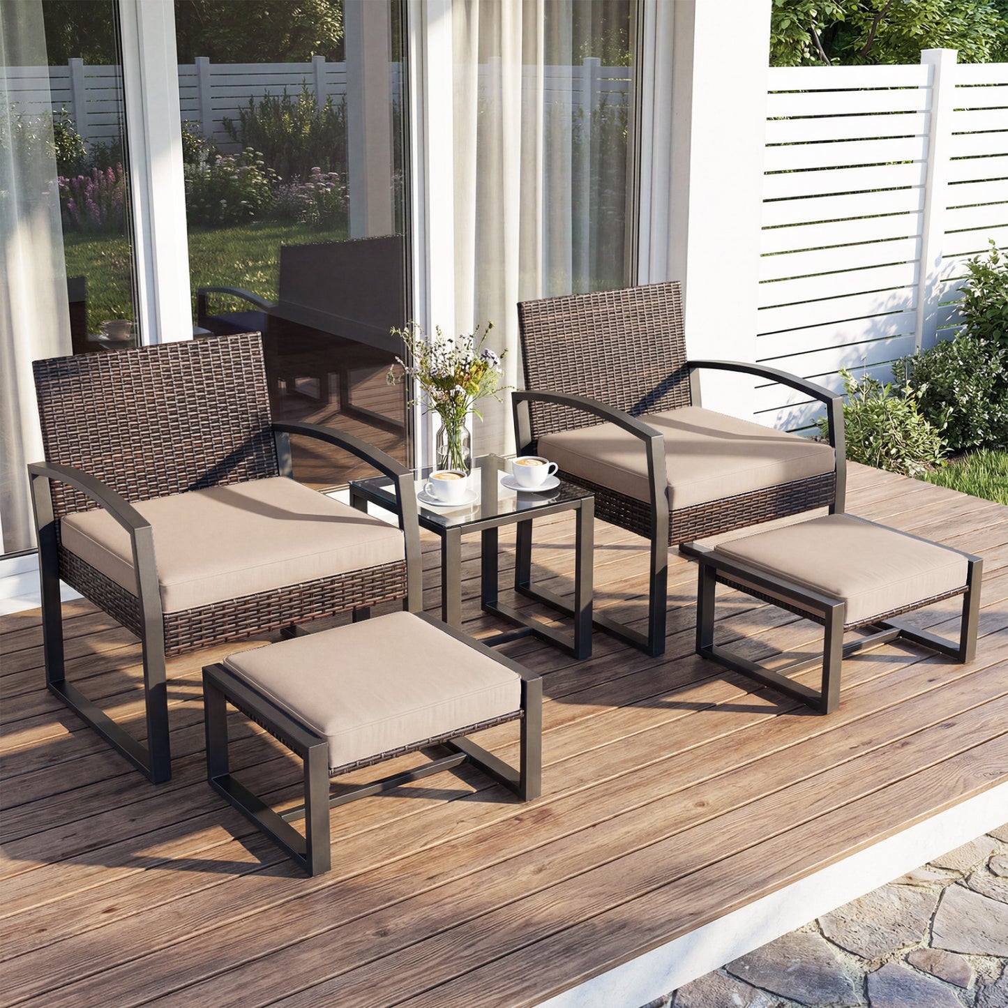 5-Piece Patio Conversation Set, 2 Ottomans, Tempered Glass Side Table, Beige Patio Conversation Sets at Gallery Canada