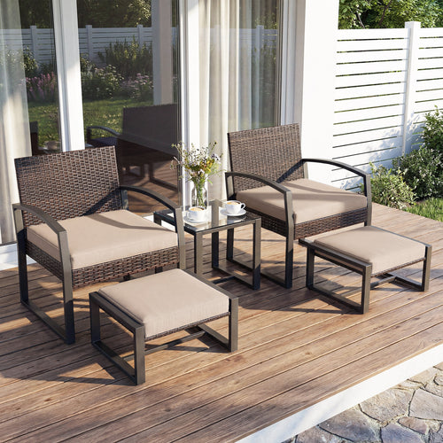5-Piece Patio Conversation Set, 2 Ottomans, Tempered Glass Side Table, Beige