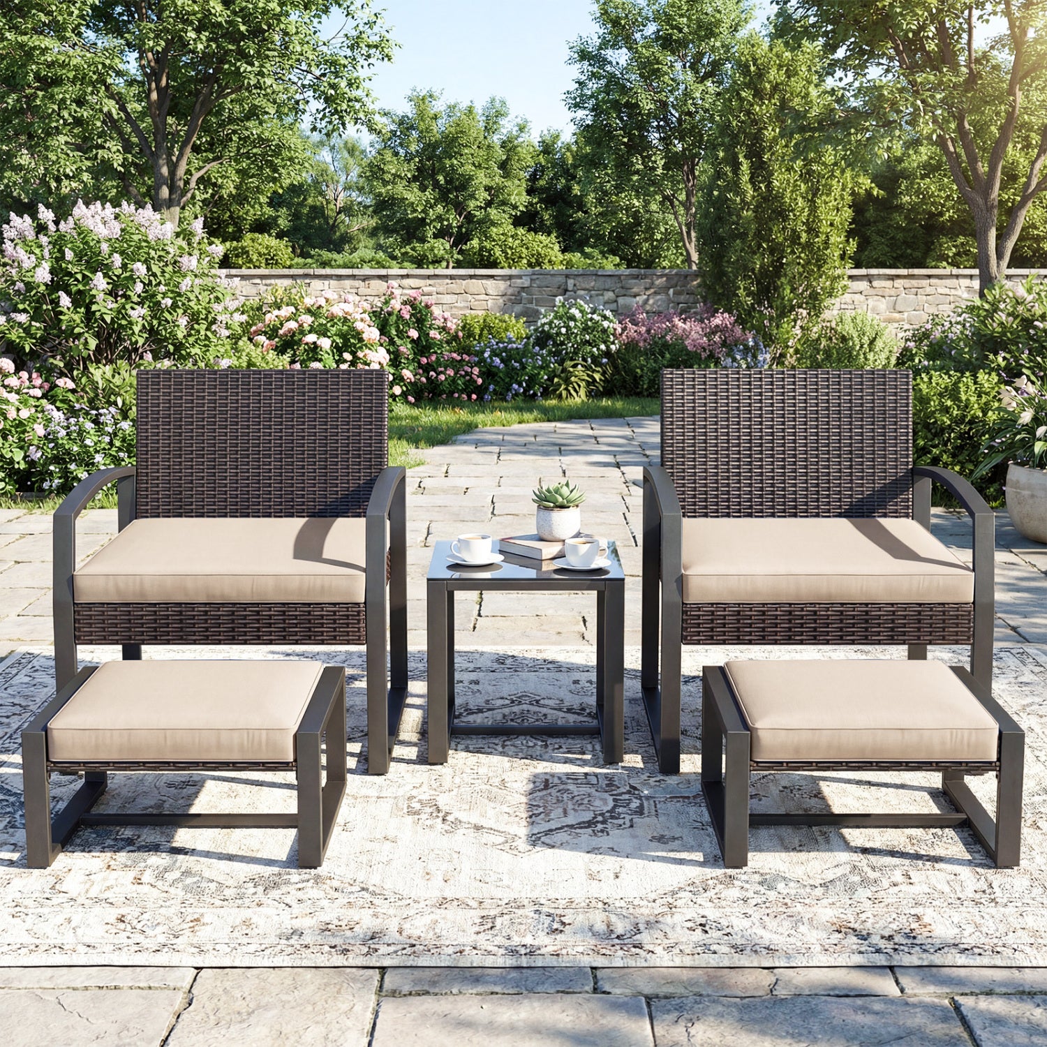 5-Piece Patio Conversation Set, 2 Ottomans, Tempered Glass Side Table, Beige Patio Conversation Sets at Gallery Canada