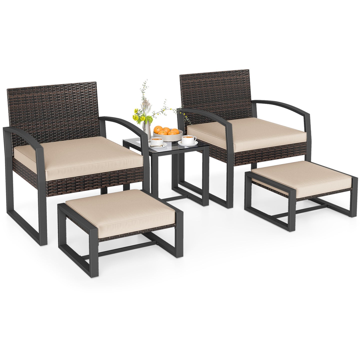 5-Piece Patio Conversation Set, 2 Ottomans, Tempered Glass Side Table, Beige Patio Conversation Sets at Gallery Canada