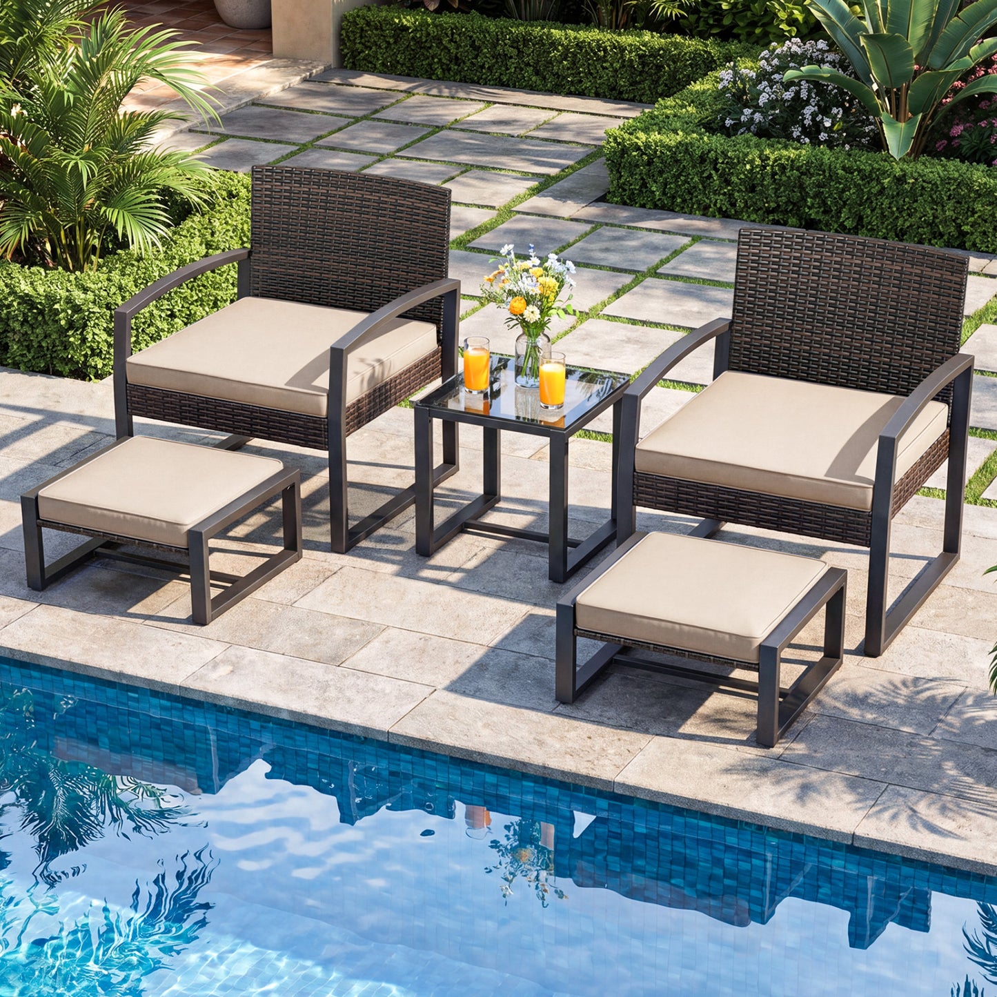 5-Piece Patio Conversation Set, 2 Ottomans, Tempered Glass Side Table, Beige Patio Conversation Sets at Gallery Canada