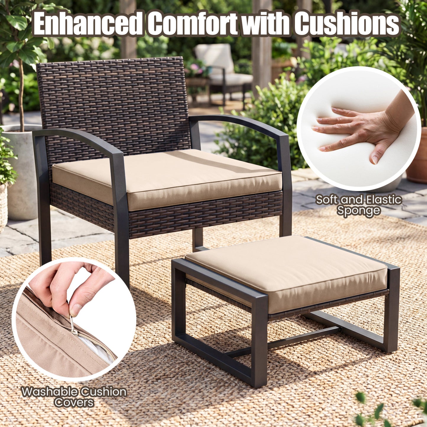 5-Piece Patio Conversation Set, 2 Ottomans, Tempered Glass Side Table, Beige Patio Conversation Sets at Gallery Canada