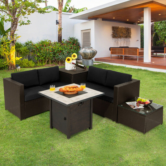 5-Piece Patio Furniture Set, 30 Inches Fire Pit Table, PE Wicker Sofa, Black Patio Conversation Sets Black at Gallery Canada