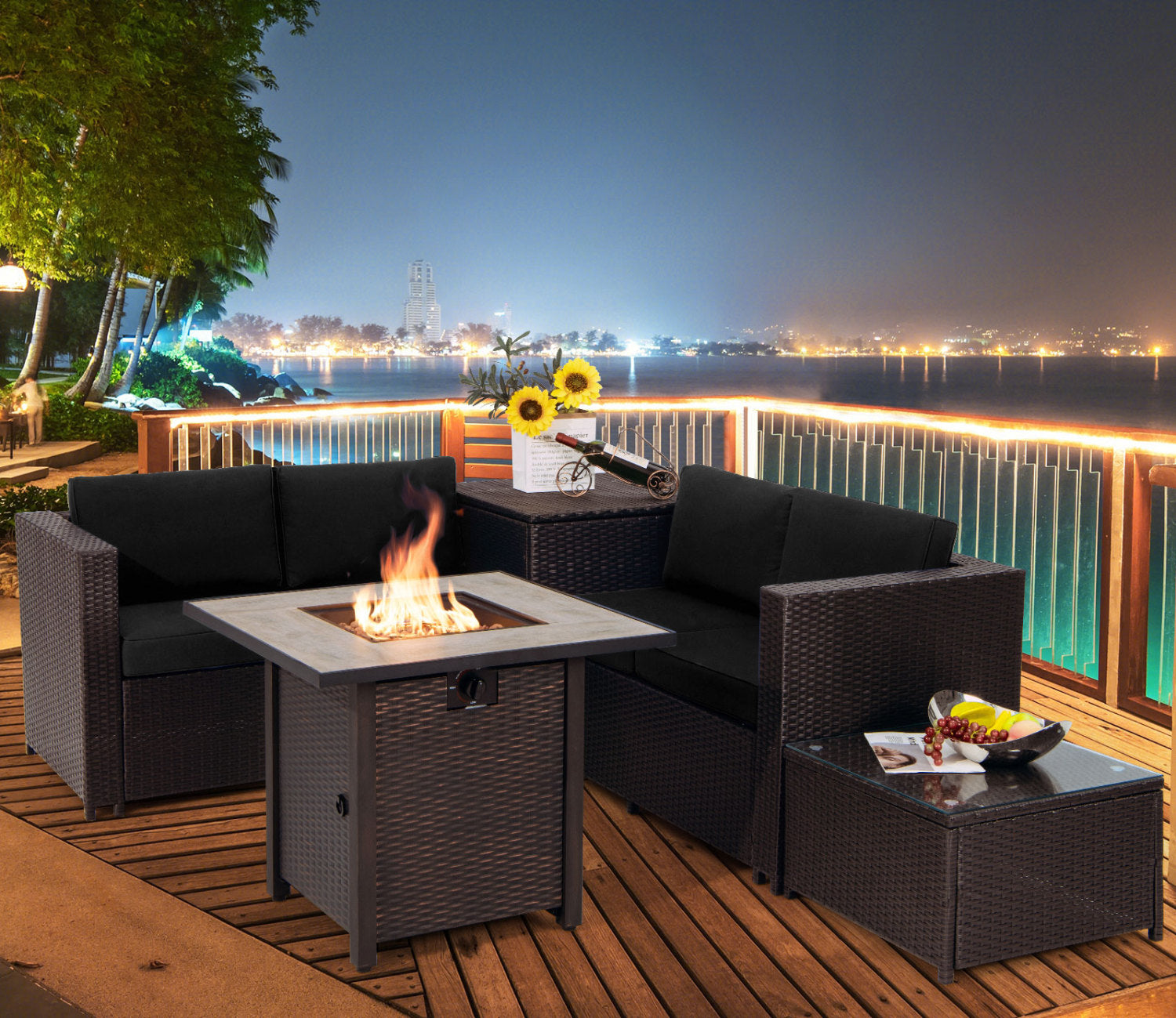 5-Piece Patio Furniture Set, 30 Inches Fire Pit Table, PE Wicker Sofa, Black Patio Conversation Sets at Gallery Canada