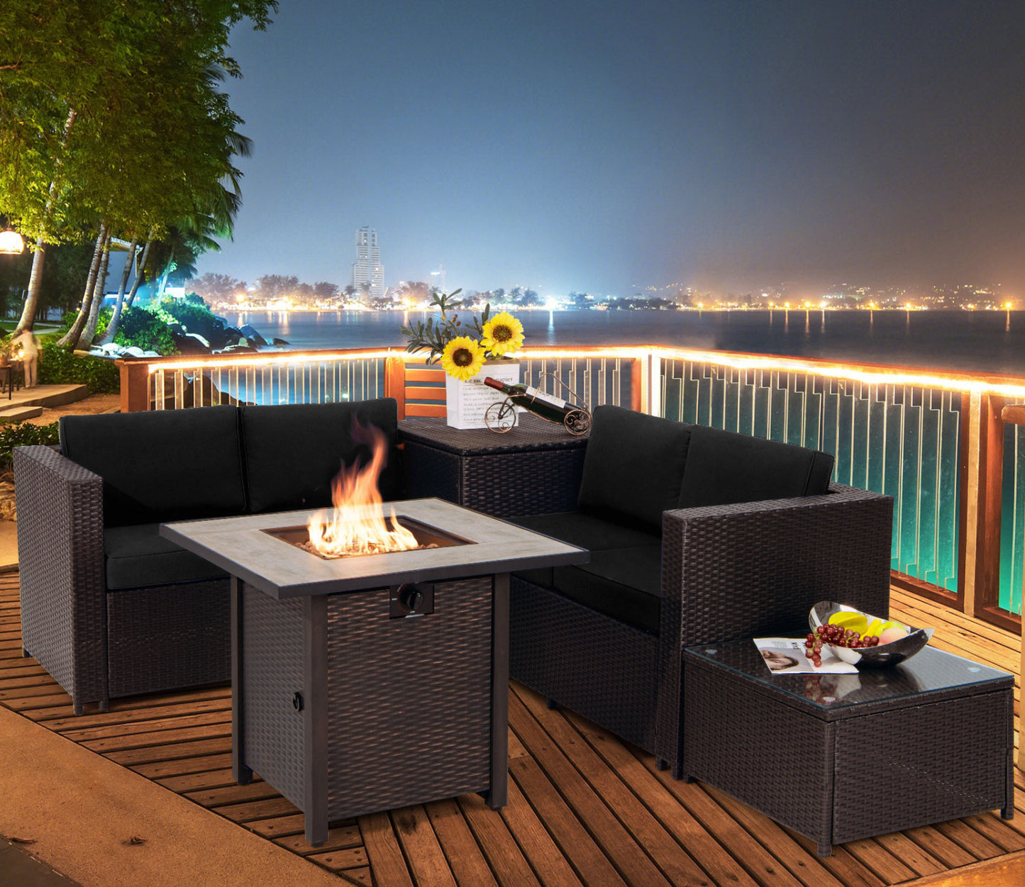 5-Piece Patio Furniture Set, 30 Inches Fire Pit Table, PE Wicker Sofa, Black Patio Conversation Sets at Gallery Canada