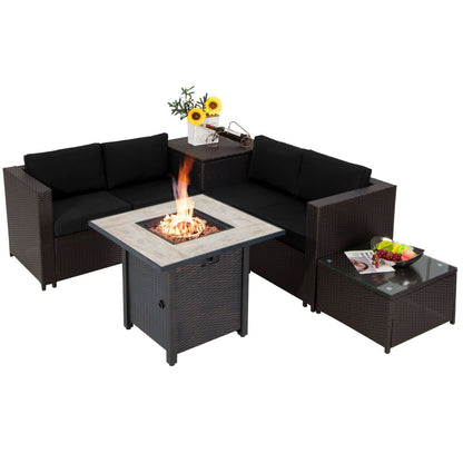 5-Piece Patio Furniture Set, 30 Inches Fire Pit Table, PE Wicker Sofa, Black Patio Conversation Sets Black at Gallery Canada