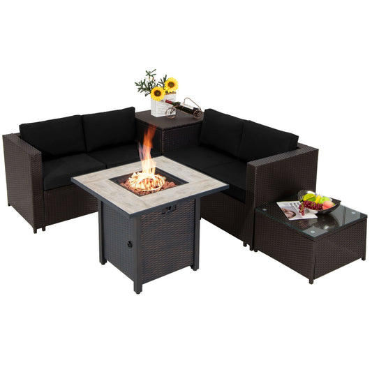 5-Piece Patio Furniture Set, 30 Inches Fire Pit Table, PE Wicker Sofa, Black Patio Conversation Sets Black at Gallery Canada