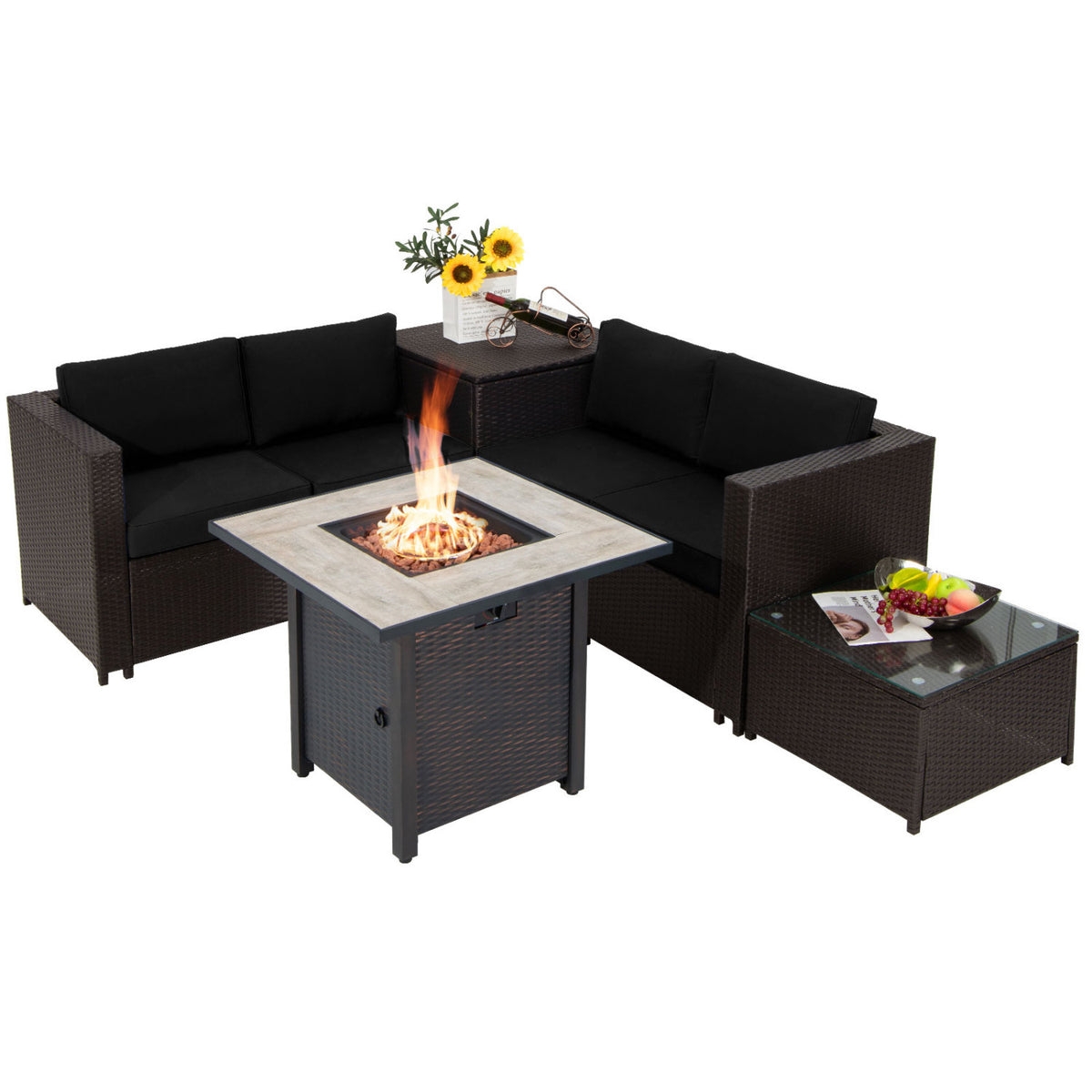 5-Piece Patio Furniture Set, 30 Inches Fire Pit Table, PE Wicker Sofa, Black Patio Conversation Sets Black at Gallery Canada