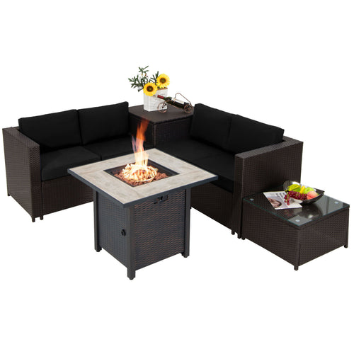 5-Piece Patio Furniture Set, 30 Inches Fire Pit Table, PE Wicker Sofa, Black