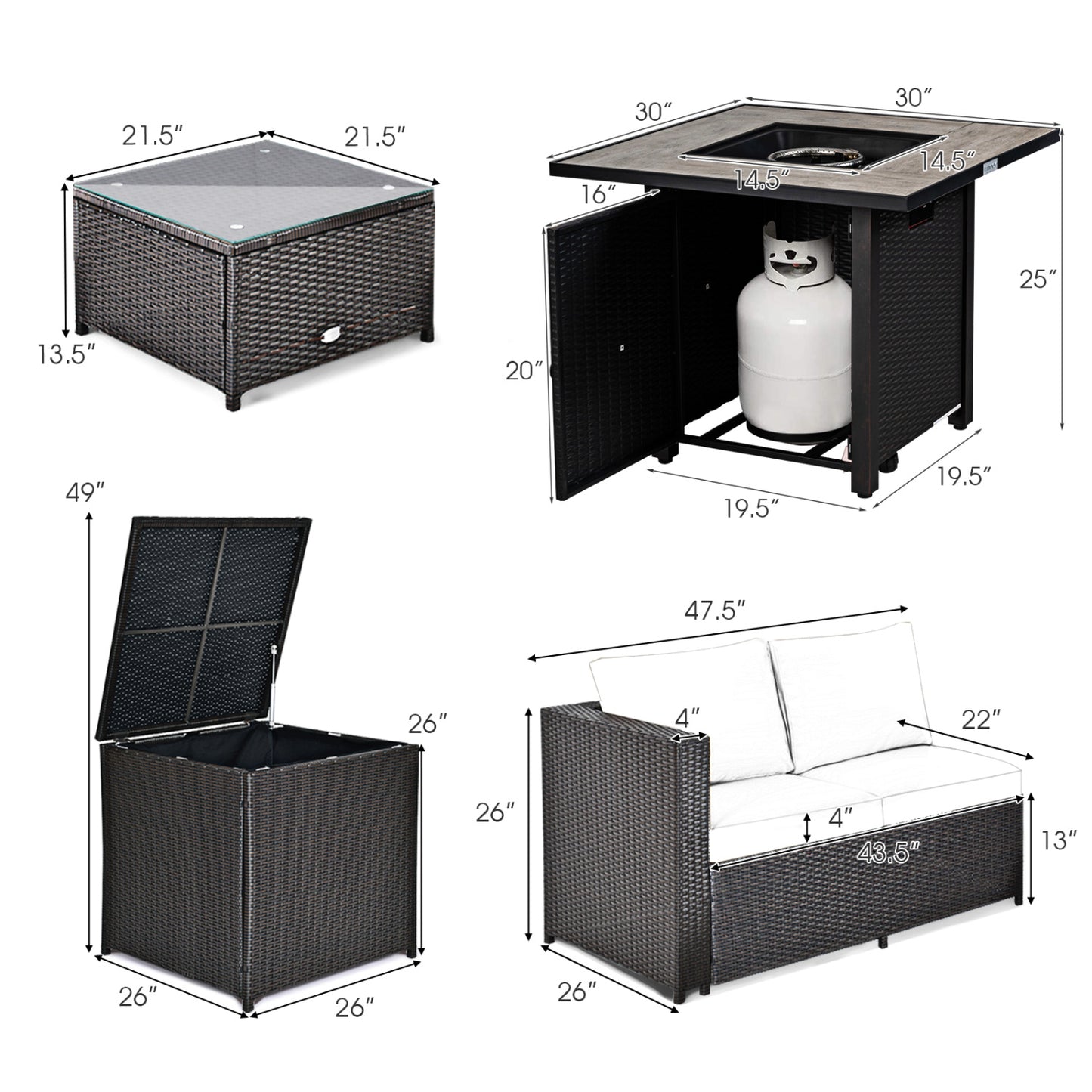 5-Piece Patio Furniture Set, 30 Inches Fire Pit Table, PE Wicker Sofa, Black Patio Conversation Sets at Gallery Canada