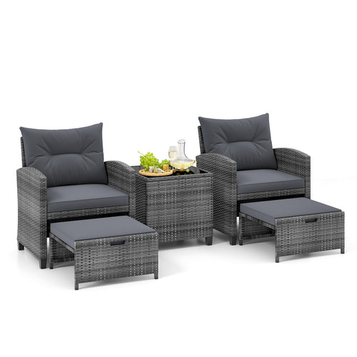 5 Piece Patio Rattan Furniture, 2 Ottomans, Tempered Glass Coffee Table, Gray