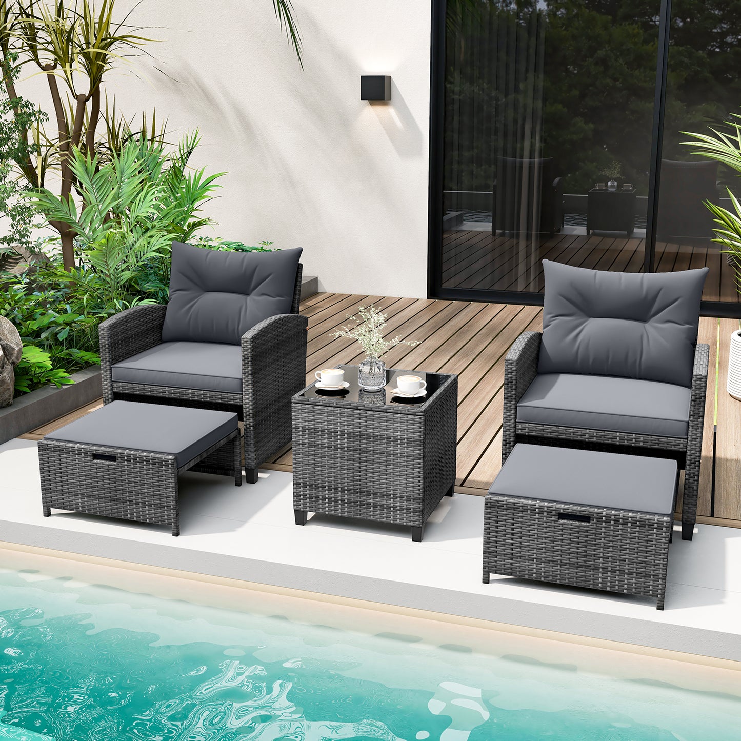 5 Piece Patio Rattan Furniture, 2 Ottomans, Tempered Glass Coffee Table, Gray Patio Conversation Sets at Gallery Canada
