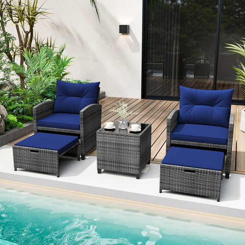 5 Piece Patio Rattan Furniture, 2 Ottomans, Tempered Glass Coffee Table, Navy