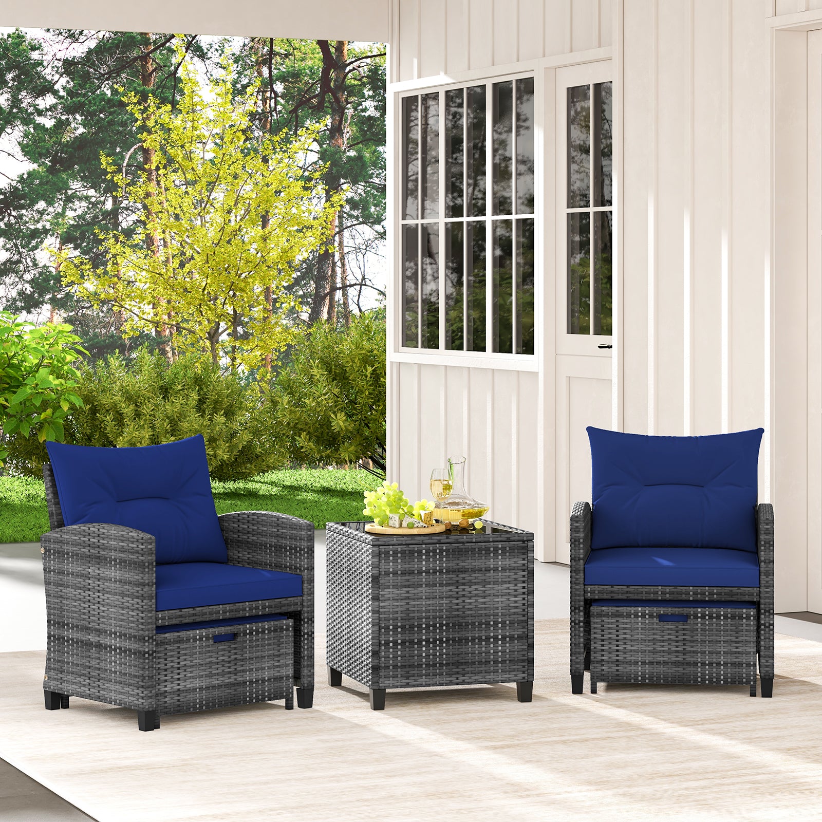 5 Piece Patio Rattan Furniture, 2 Ottomans, Tempered Glass Coffee Table, Navy Patio Conversation Sets at Gallery Canada