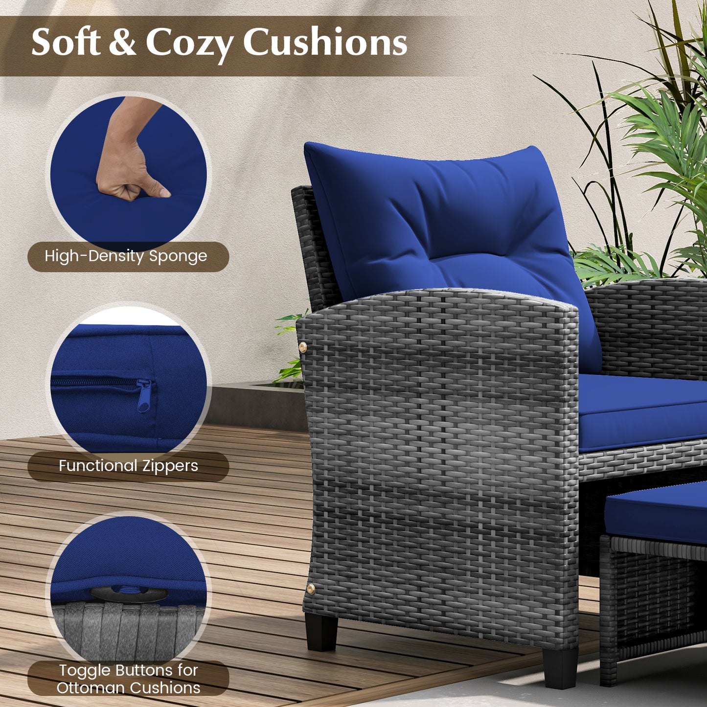 5 Piece Patio Rattan Furniture, 2 Ottomans, Tempered Glass Coffee Table, Navy Patio Conversation Sets at Gallery Canada