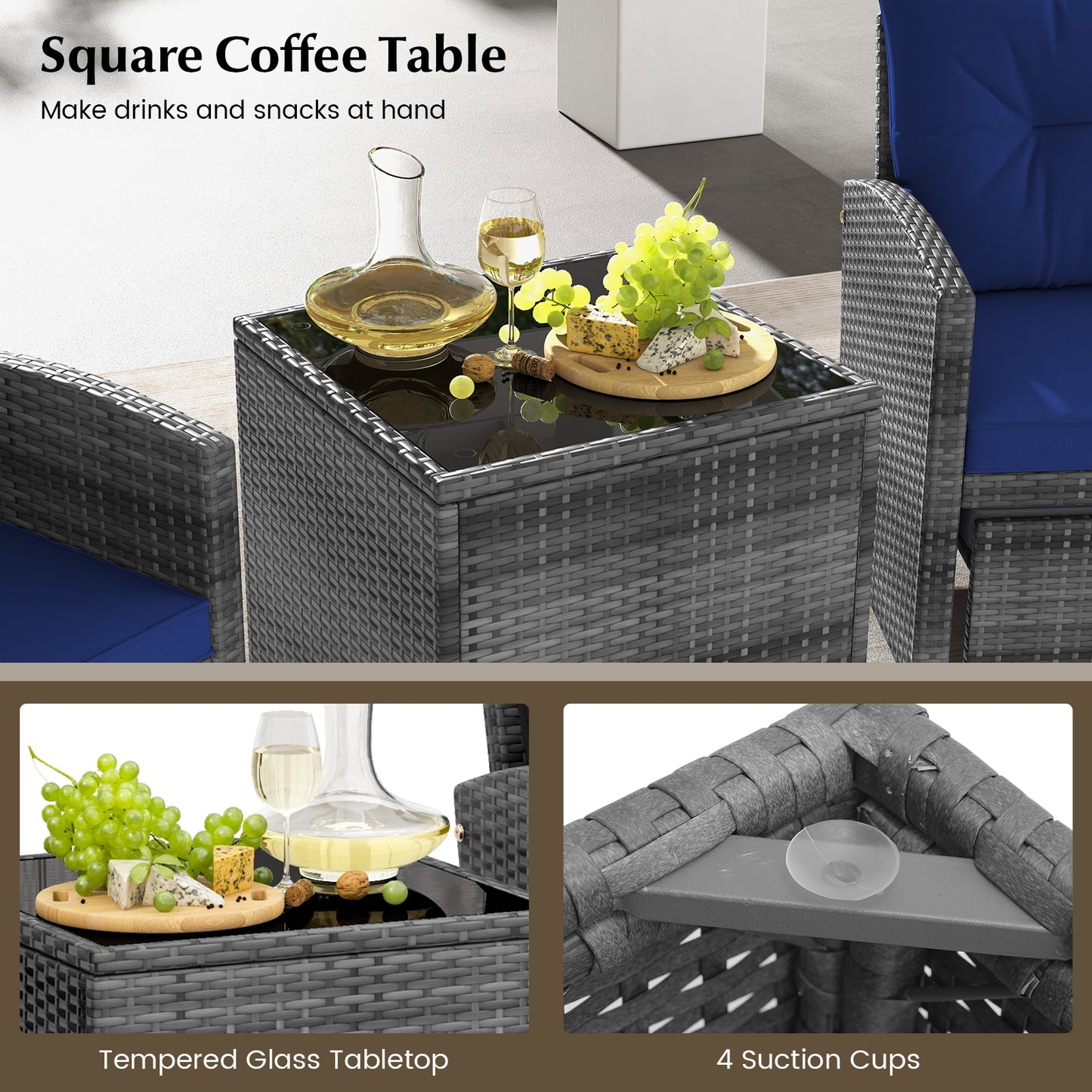 5 Piece Patio Rattan Furniture, 2 Ottomans, Tempered Glass Coffee Table, Navy Patio Conversation Sets at Gallery Canada