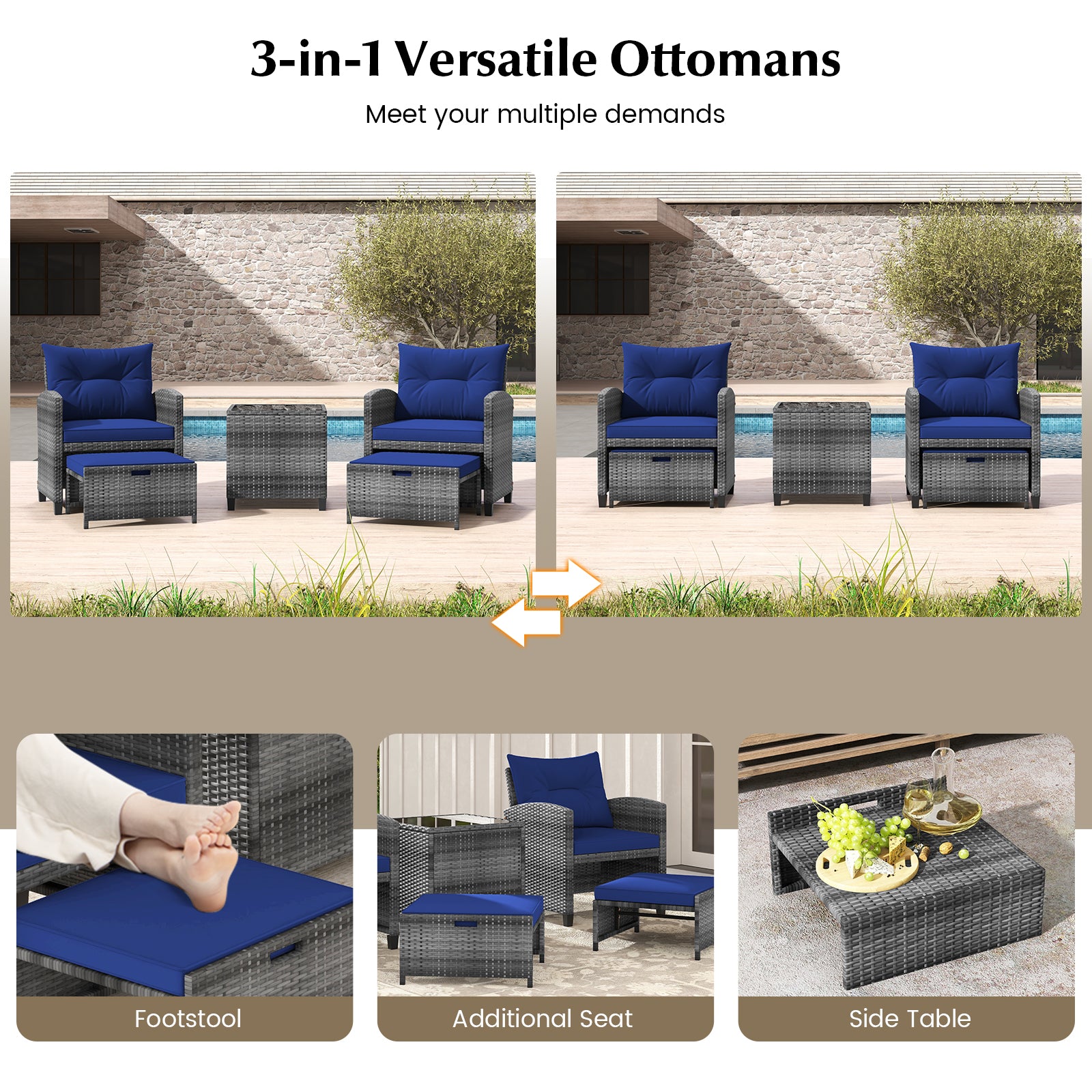 5 Piece Patio Rattan Furniture, 2 Ottomans, Tempered Glass Coffee Table, Navy Patio Conversation Sets at Gallery Canada