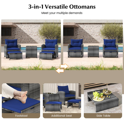 5 Piece Patio Rattan Furniture, 2 Ottomans, Tempered Glass Coffee Table, Navy Patio Conversation Sets at Gallery Canada