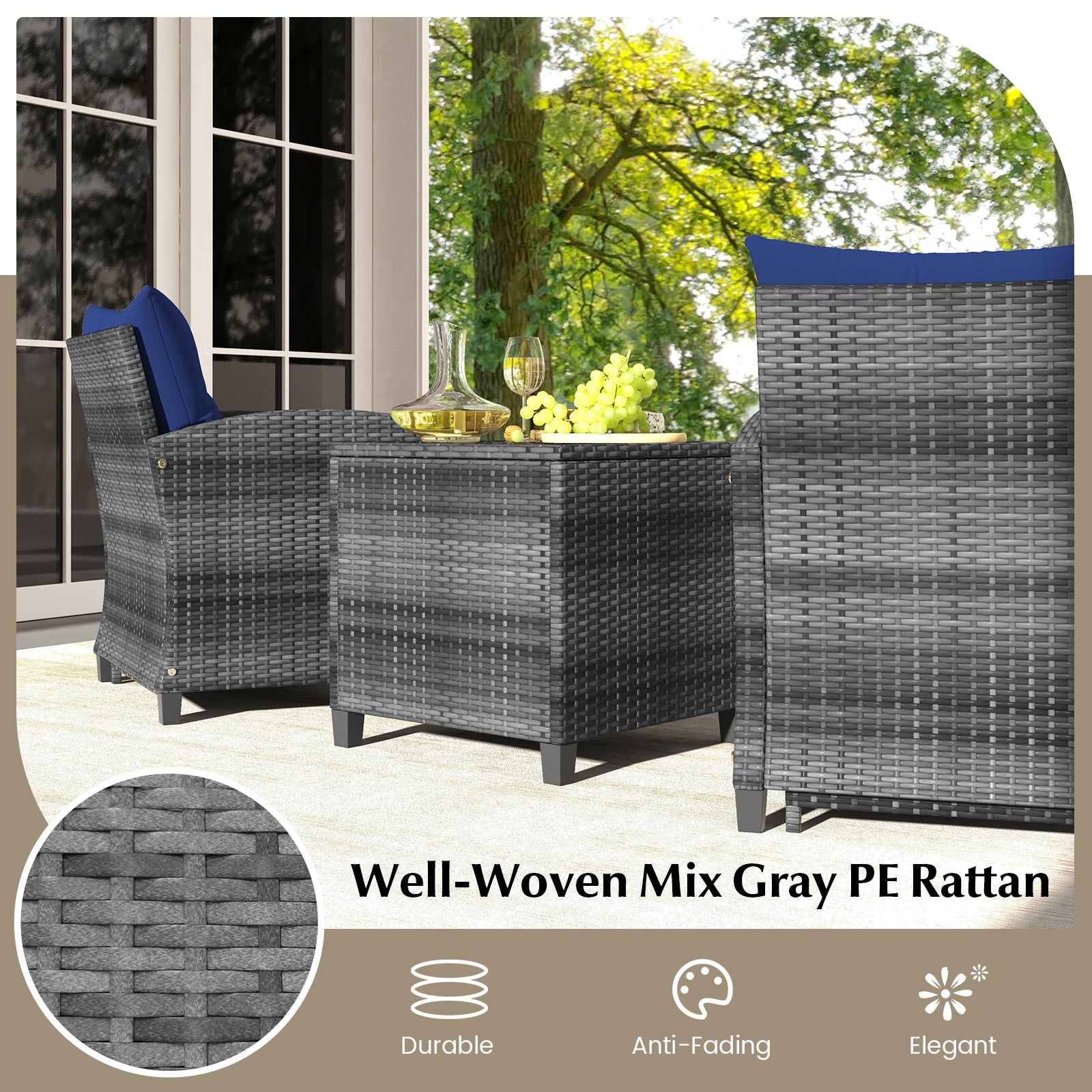 5 Piece Patio Rattan Furniture, 2 Ottomans, Tempered Glass Coffee Table, Navy Patio Conversation Sets at Gallery Canada